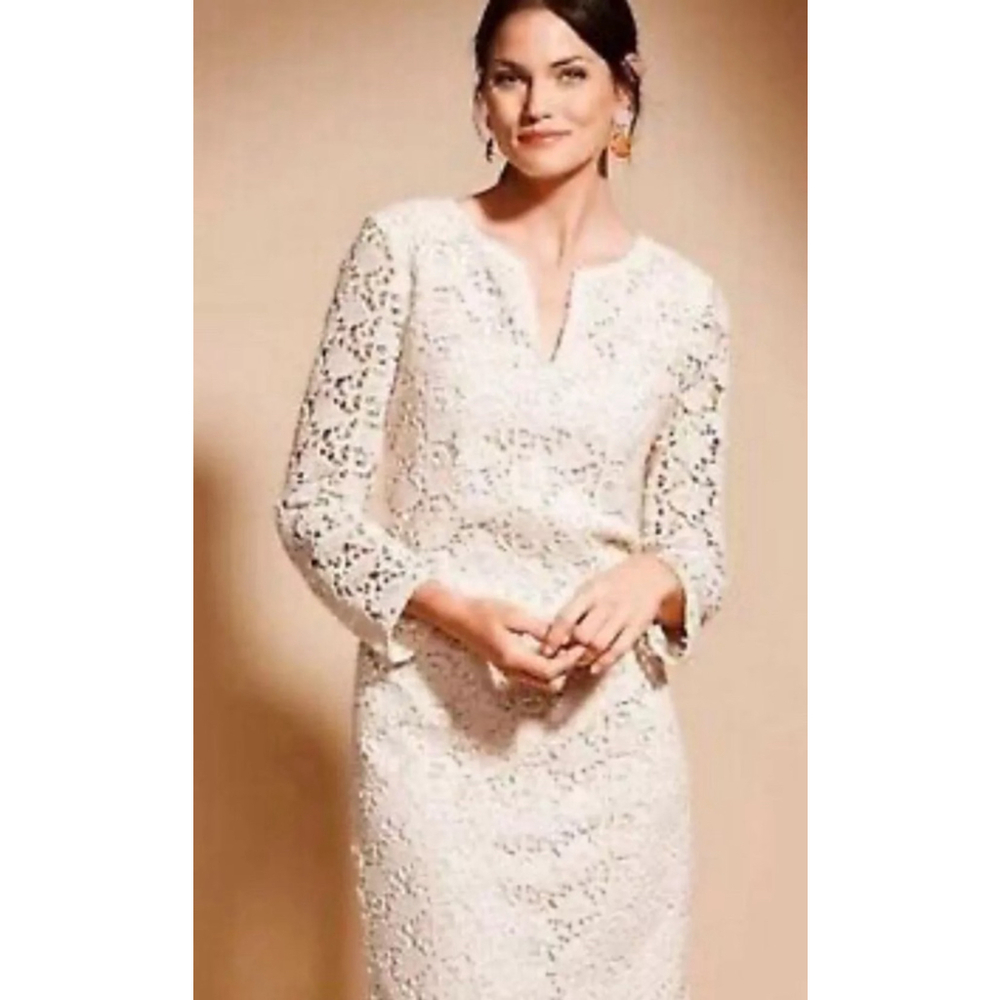 TALBOTS Women's Size 2 Crochet Lace 3/4 Long Sleeve Dress Ivory Beige